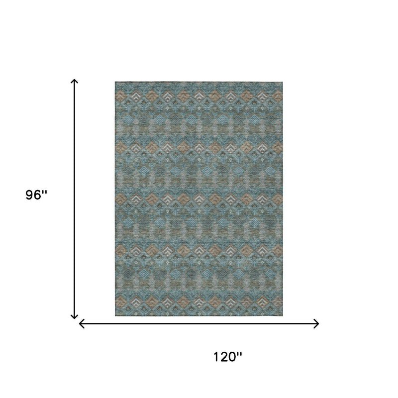 Teal blue geometric area rug, 96 in x 120 in dimensions shown