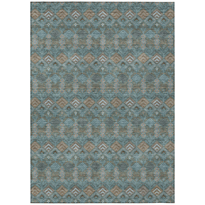 Teal blue geometric area rug with diamond pattern and tan border, full view