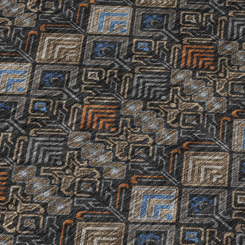 Textured charcoal geometric area rug with blue accents and rust-orange detail lines