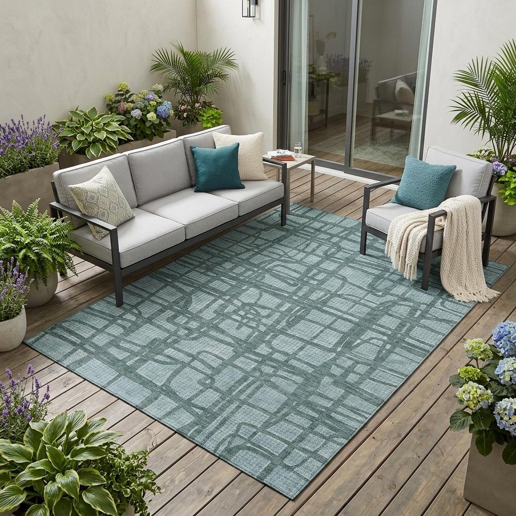 5' X 8' Teal Blue And Sky Blue Abstract Washable Indoor Outdoor Area Rug - Sports & Outdoor