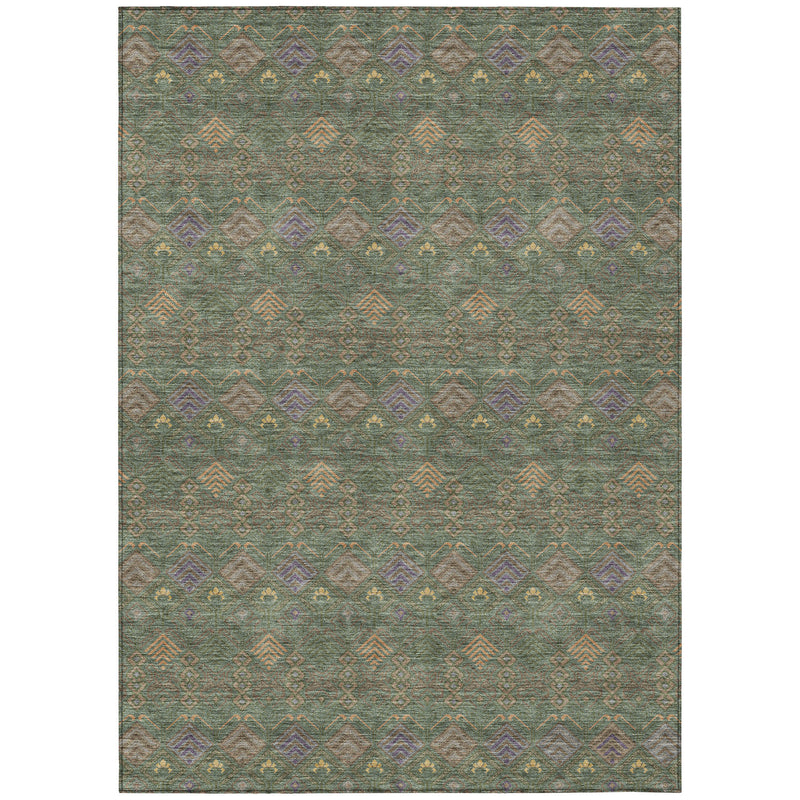 Green and olive geometric patterned washable indoor outdoor area rug, full view