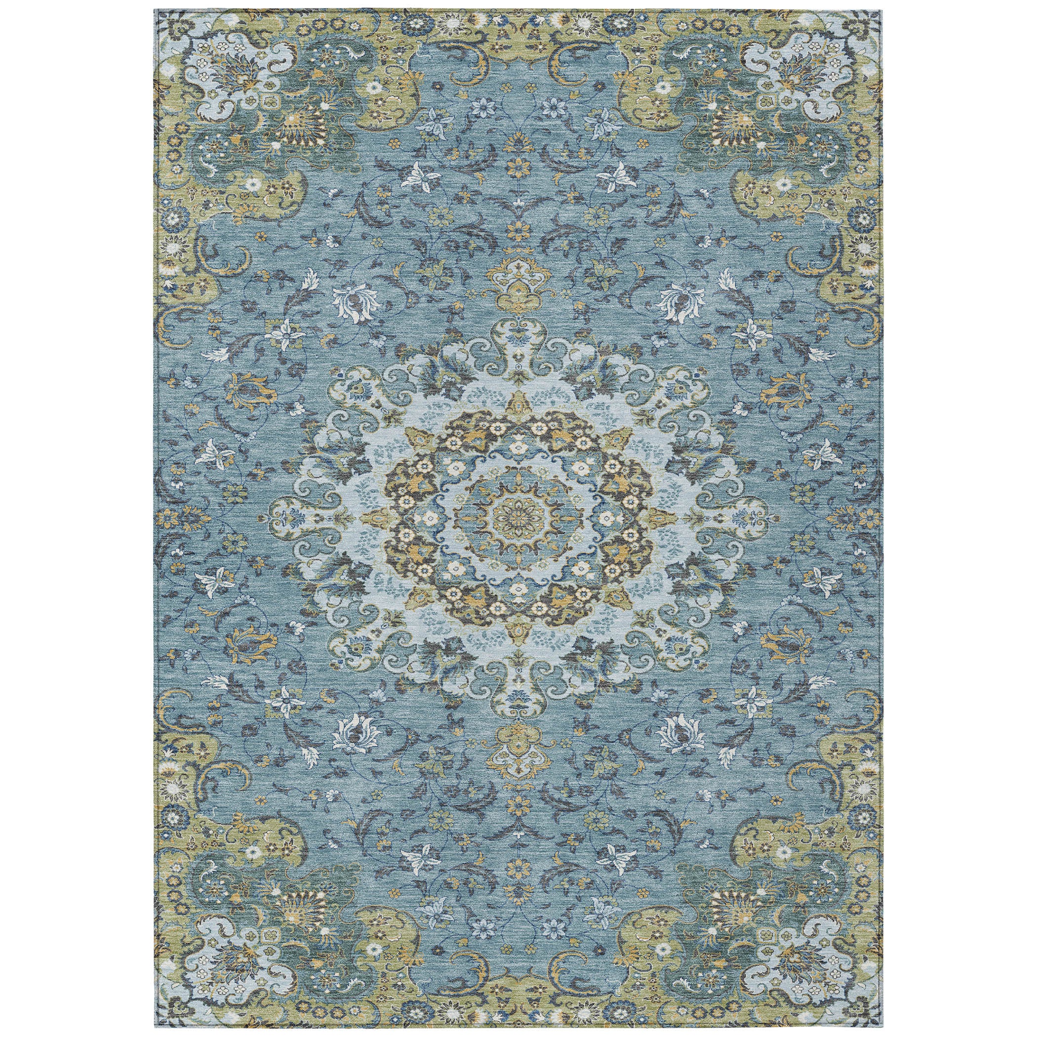 5' X 8' Teal Blue And Gold Floral Medallion Washable Indoor Outdoor Area Rug - Sports & Outdoor