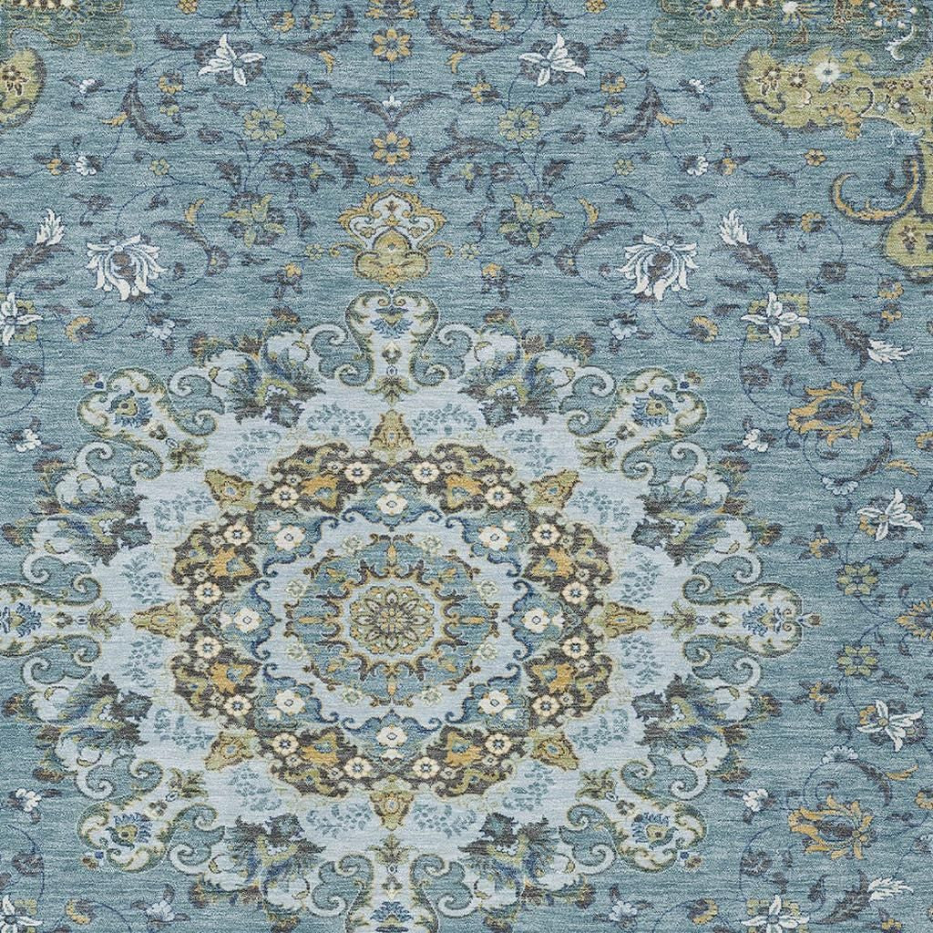 5' X 8' Teal Blue And Gold Floral Medallion Washable Indoor Outdoor Area Rug - Sports & Outdoor