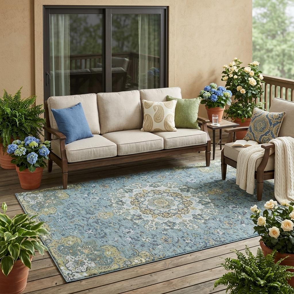 5' X 8' Teal Blue And Gold Floral Medallion Washable Indoor Outdoor Area Rug - Sports & Outdoor