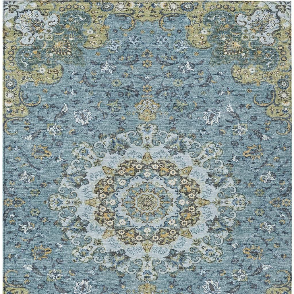 5' X 8' Teal Blue And Gold Floral Medallion Washable Indoor Outdoor Area Rug - Sports & Outdoor