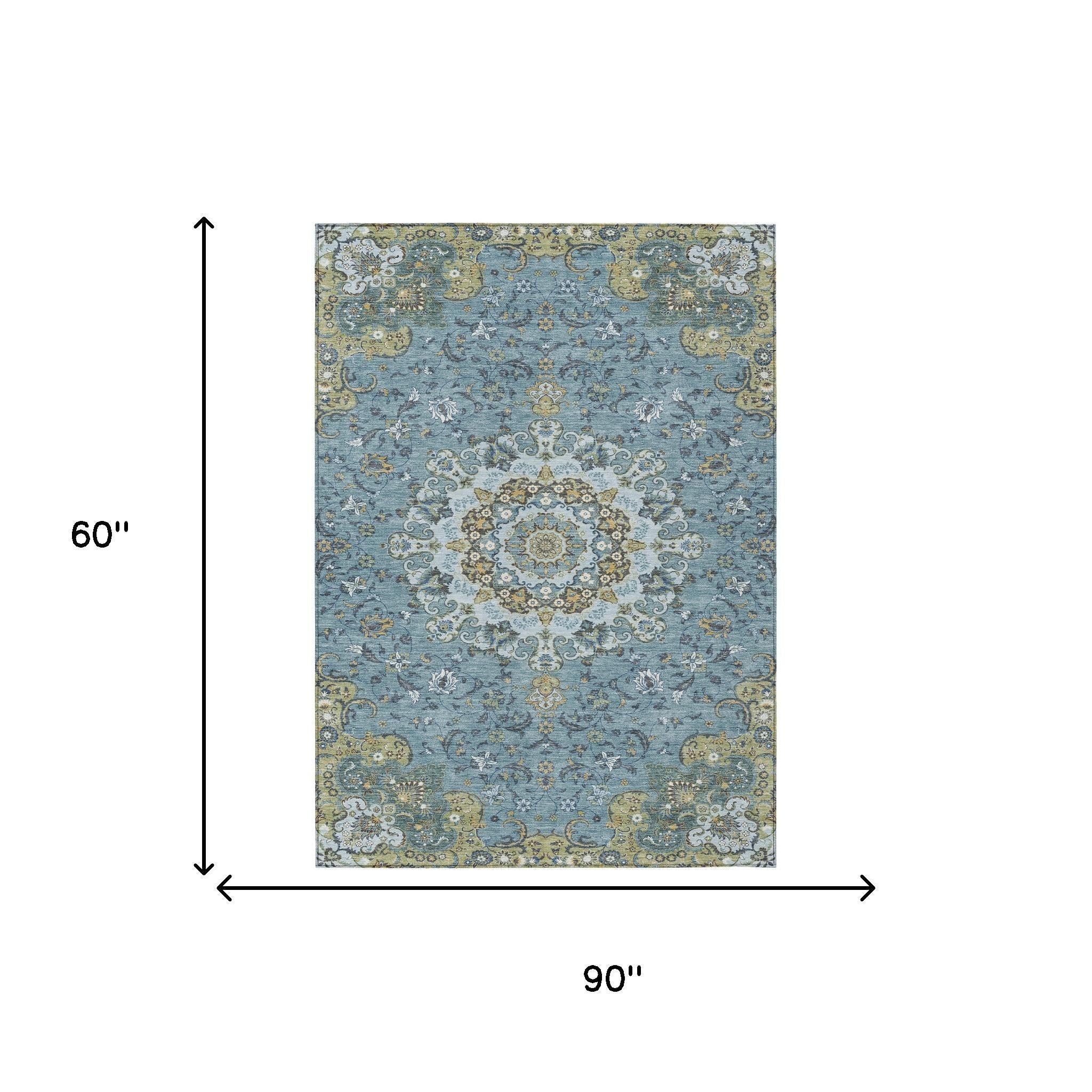 5' X 8' Teal Blue And Gold Floral Medallion Washable Indoor Outdoor Area Rug - Sports & Outdoor