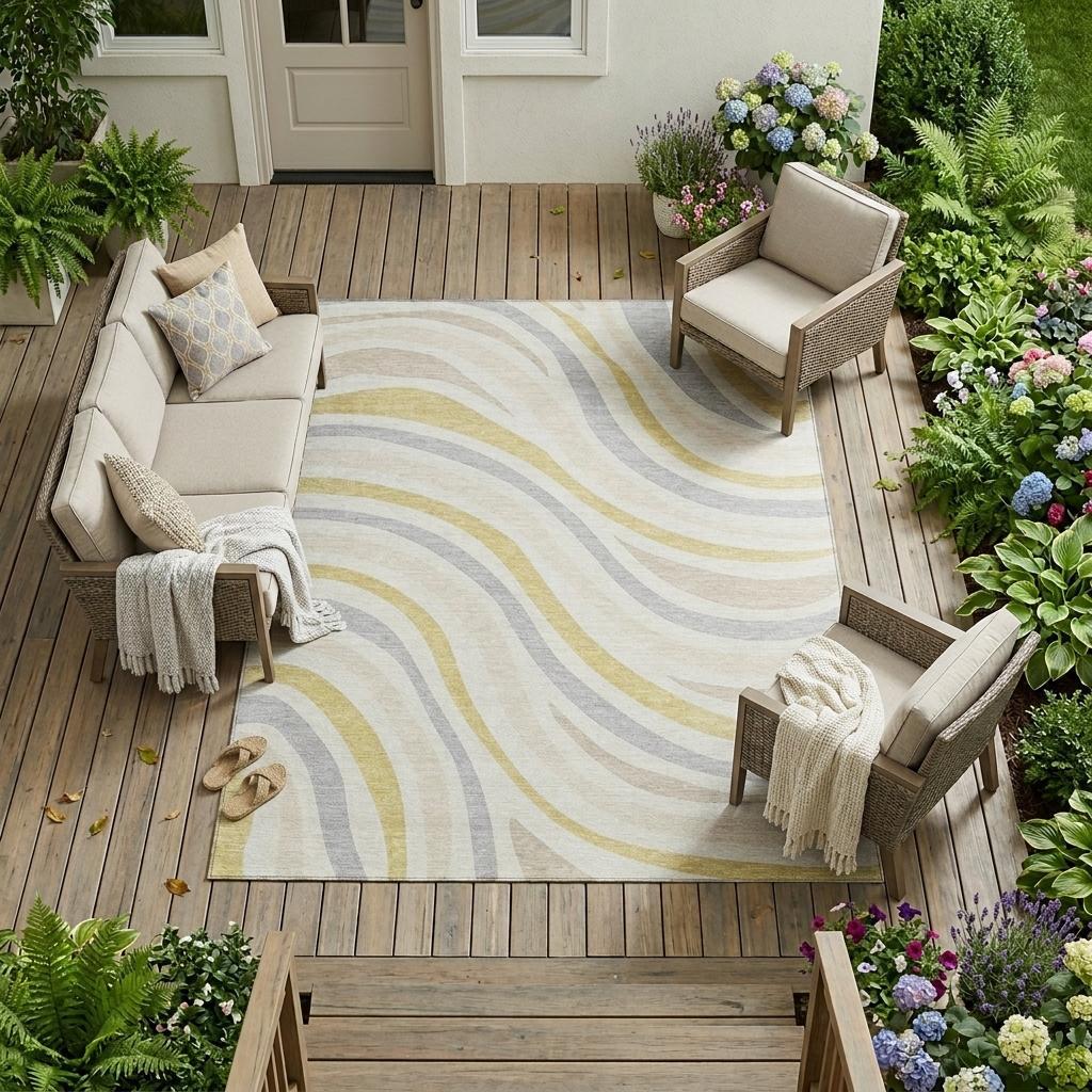 10' X 14' Ivory And Wheat Striped Washable Indoor Outdoor Area Rug - Sports & Outdoor