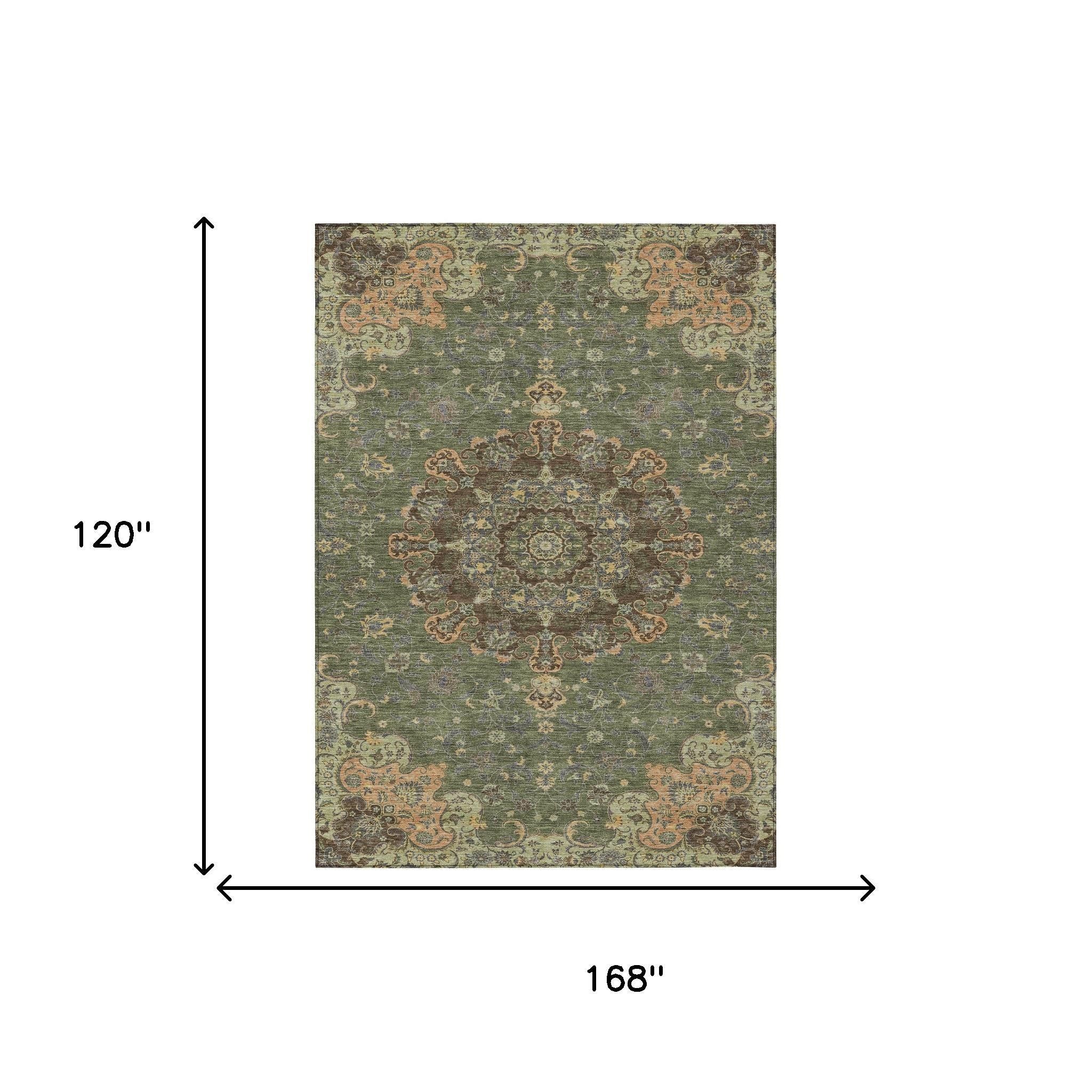 10' X 14' Olive Green And Chocolate Floral Medallion Washable Indoor Outdoor Area Rug - Sports & Outdoor
