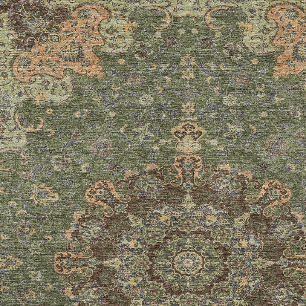 10' X 14' Olive Green And Chocolate Floral Medallion Washable Indoor Outdoor Area Rug - Sports & Outdoor