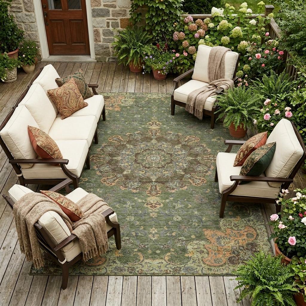 10' X 14' Olive Green And Chocolate Floral Medallion Washable Indoor Outdoor Area Rug - Sports & Outdoor