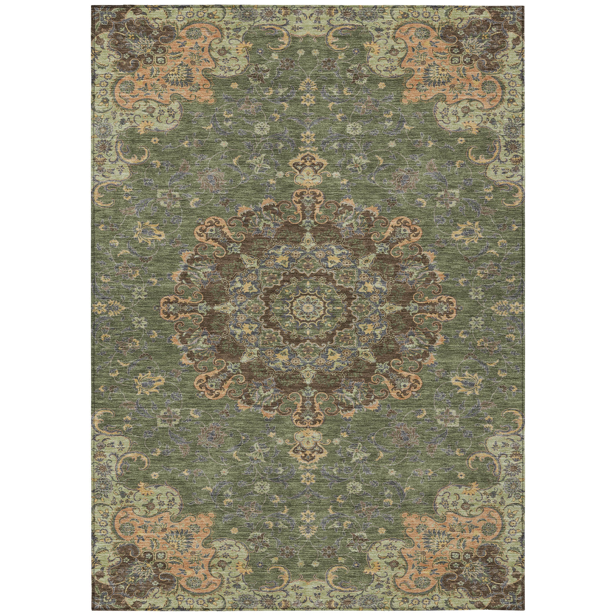 10' X 14' Olive Green And Chocolate Floral Medallion Washable Indoor Outdoor Area Rug - Sports & Outdoor