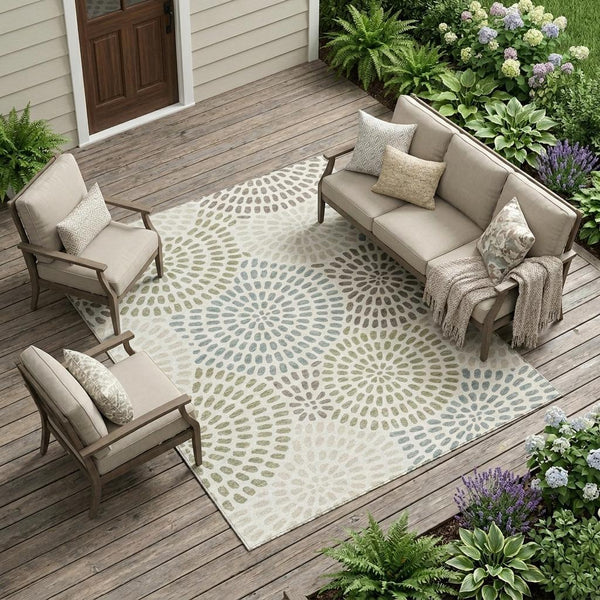 Ivory and sage geometric washable area rug with fan-like circle dot pattern