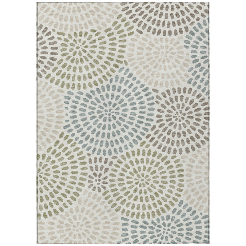 Ivory and sage geometric area rug with circular dotburst pattern, full view