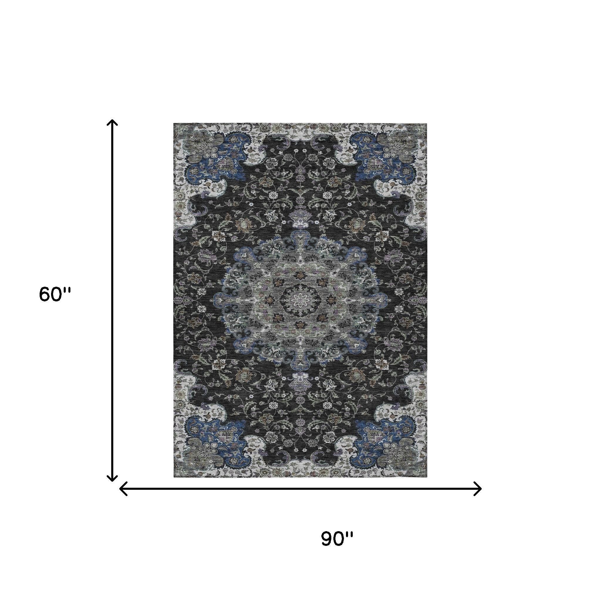 5' X 8' Black And Charcoal Floral Medallion Washable Indoor Outdoor Area Rug - Sports & Outdoor