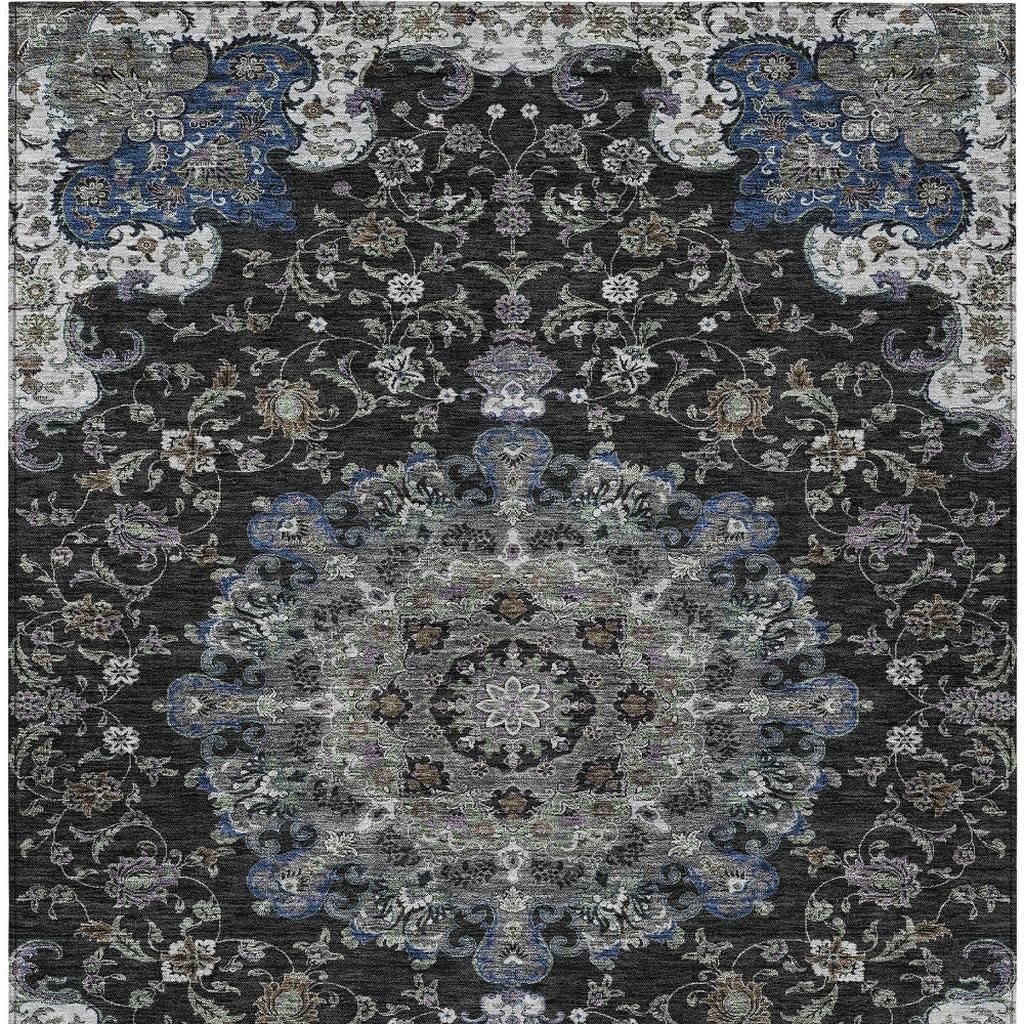 5' X 8' Black And Charcoal Floral Medallion Washable Indoor Outdoor Area Rug - Sports & Outdoor