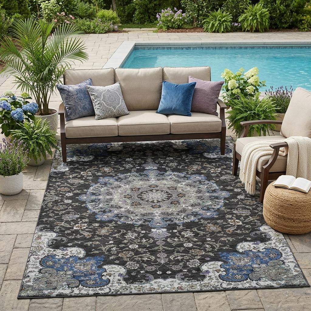 5' X 8' Black And Charcoal Floral Medallion Washable Indoor Outdoor Area Rug - Sports & Outdoor