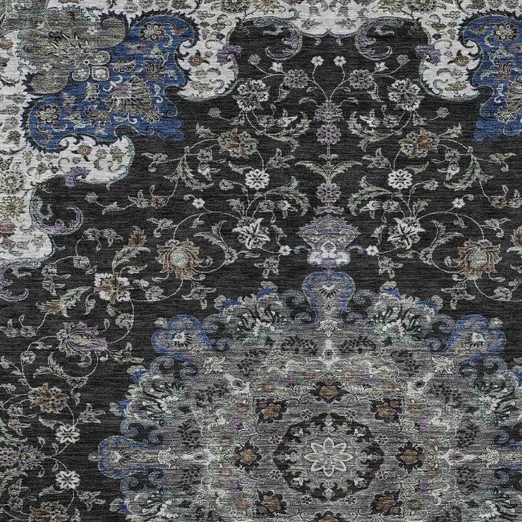 5' X 8' Black And Charcoal Floral Medallion Washable Indoor Outdoor Area Rug - Sports & Outdoor