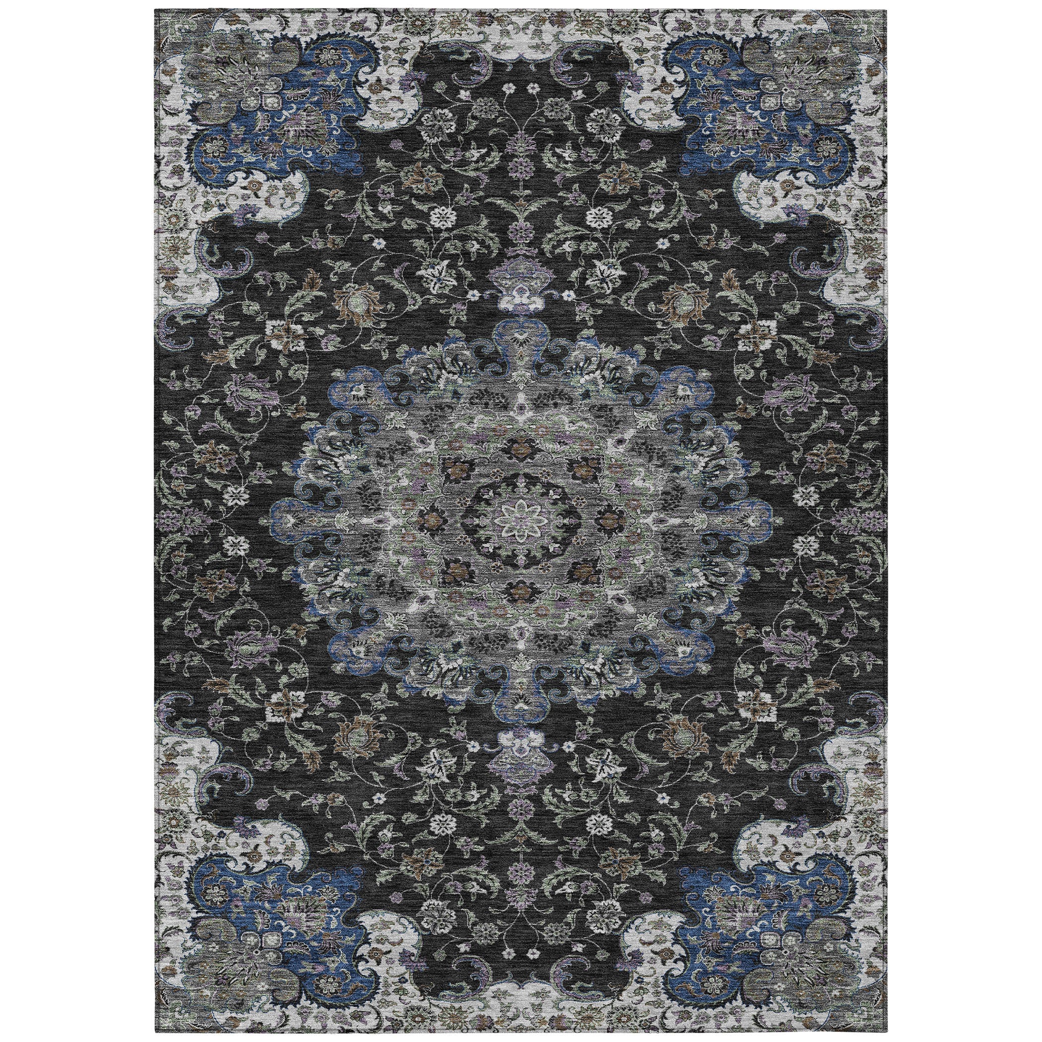 5' X 8' Black And Charcoal Floral Medallion Washable Indoor Outdoor Area Rug - Sports & Outdoor