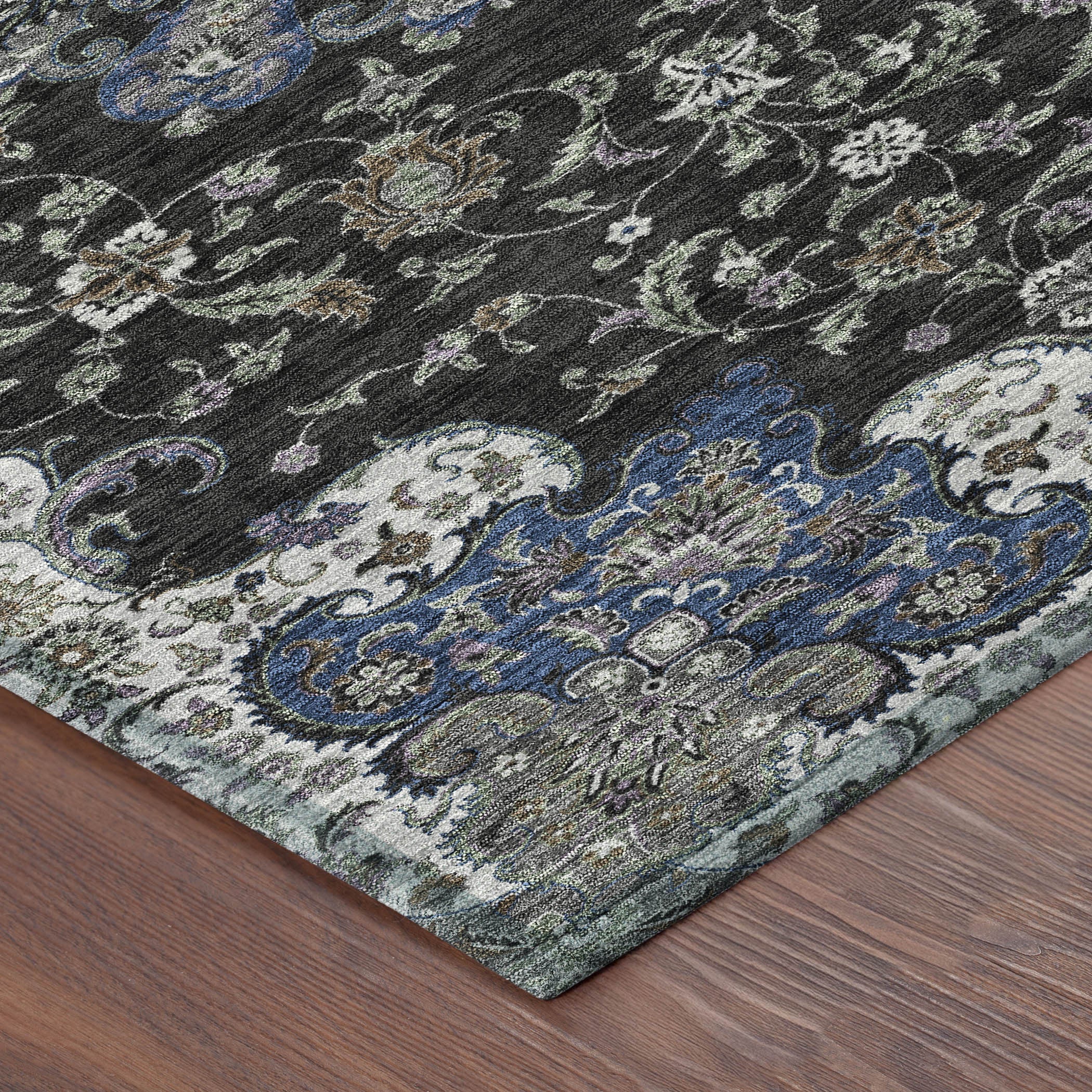 5' X 8' Black And Charcoal Floral Medallion Washable Indoor Outdoor Area Rug - Sports & Outdoor