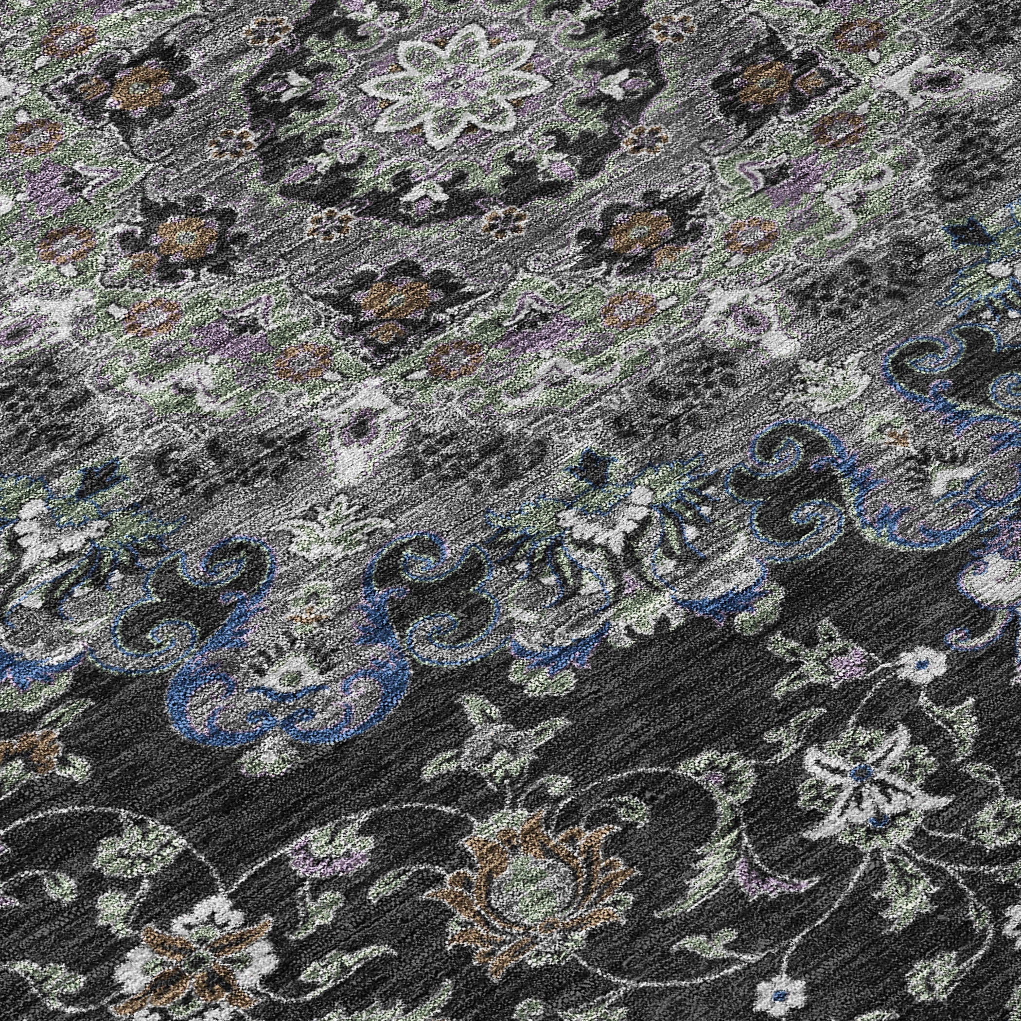 5' X 8' Black And Charcoal Floral Medallion Washable Indoor Outdoor Area Rug - Sports & Outdoor