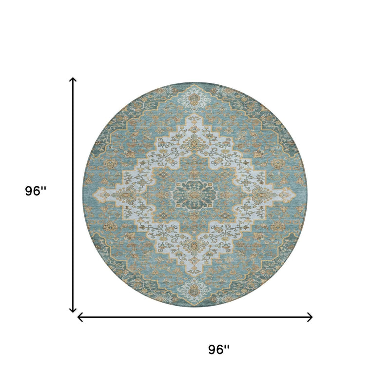 Round rug with teal and cream medallion design shown with 96-inch height and width