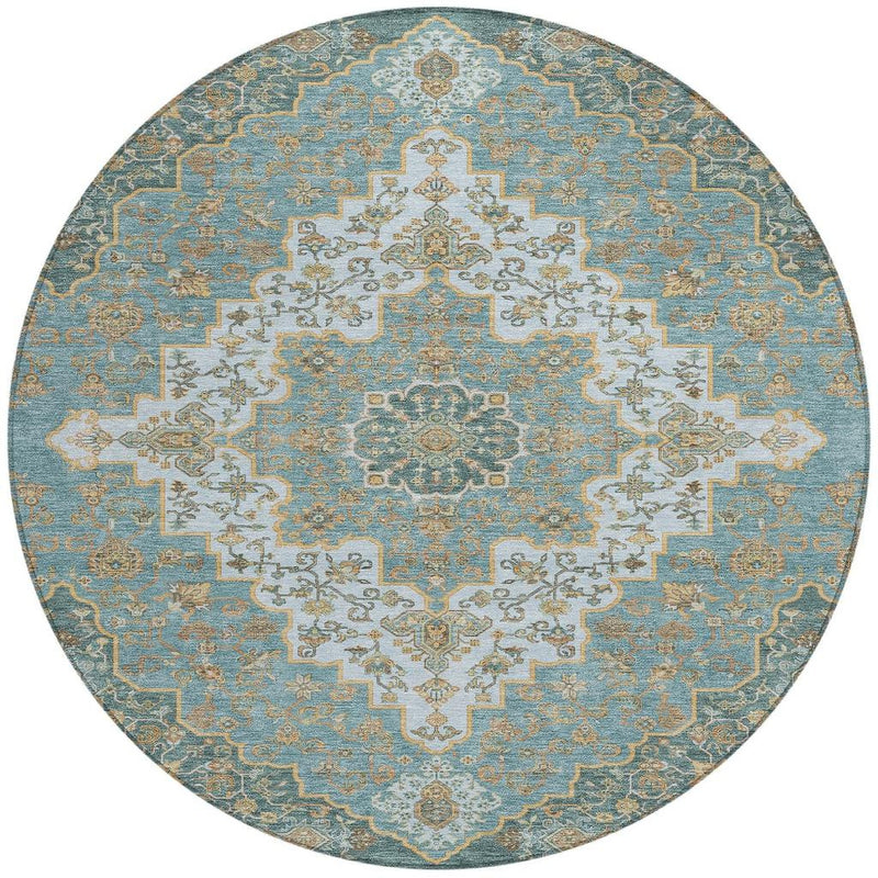 Teal blue round area rug with central cream medallion and decorative rosette details