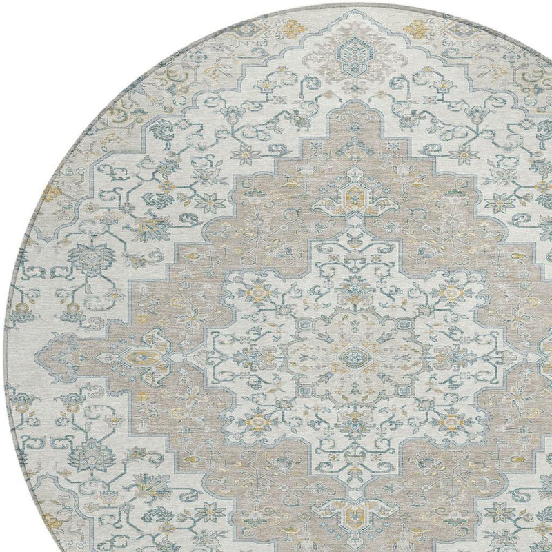 Overhead view of round rug displaying blue lattice and floral medallion design on ivory base
