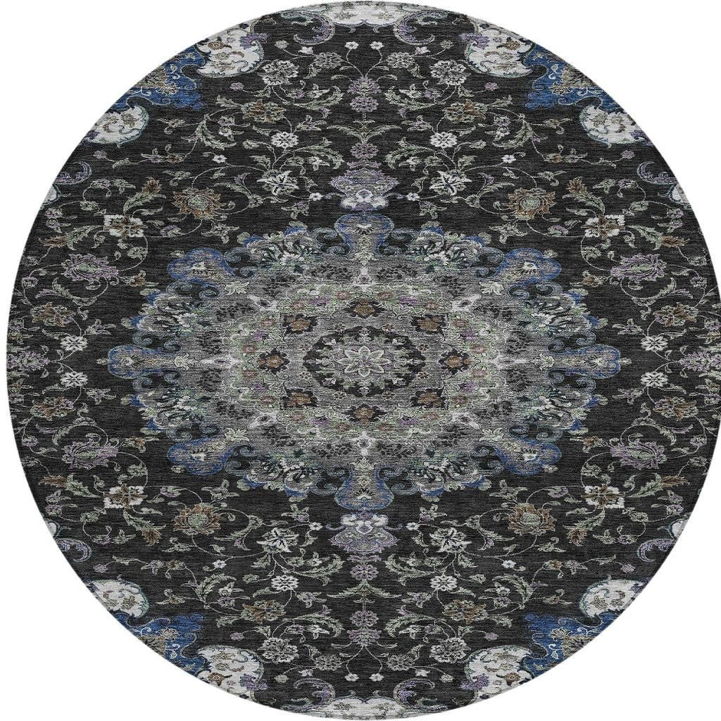 8' Black And Charcoal Round Floral Medallion Washable Indoor Outdoor Area Rug - Sports & Outdoor