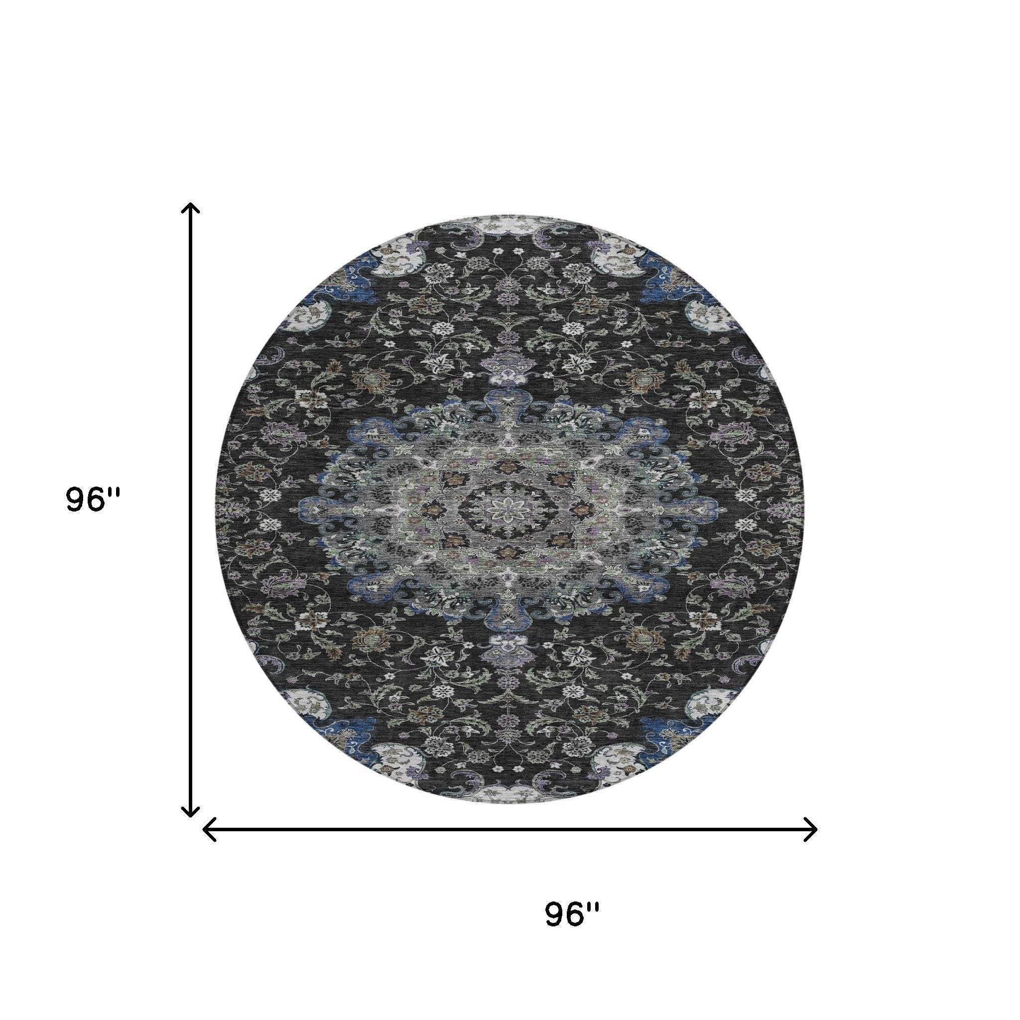 8' Black And Charcoal Round Floral Medallion Washable Indoor Outdoor Area Rug - Sports & Outdoor