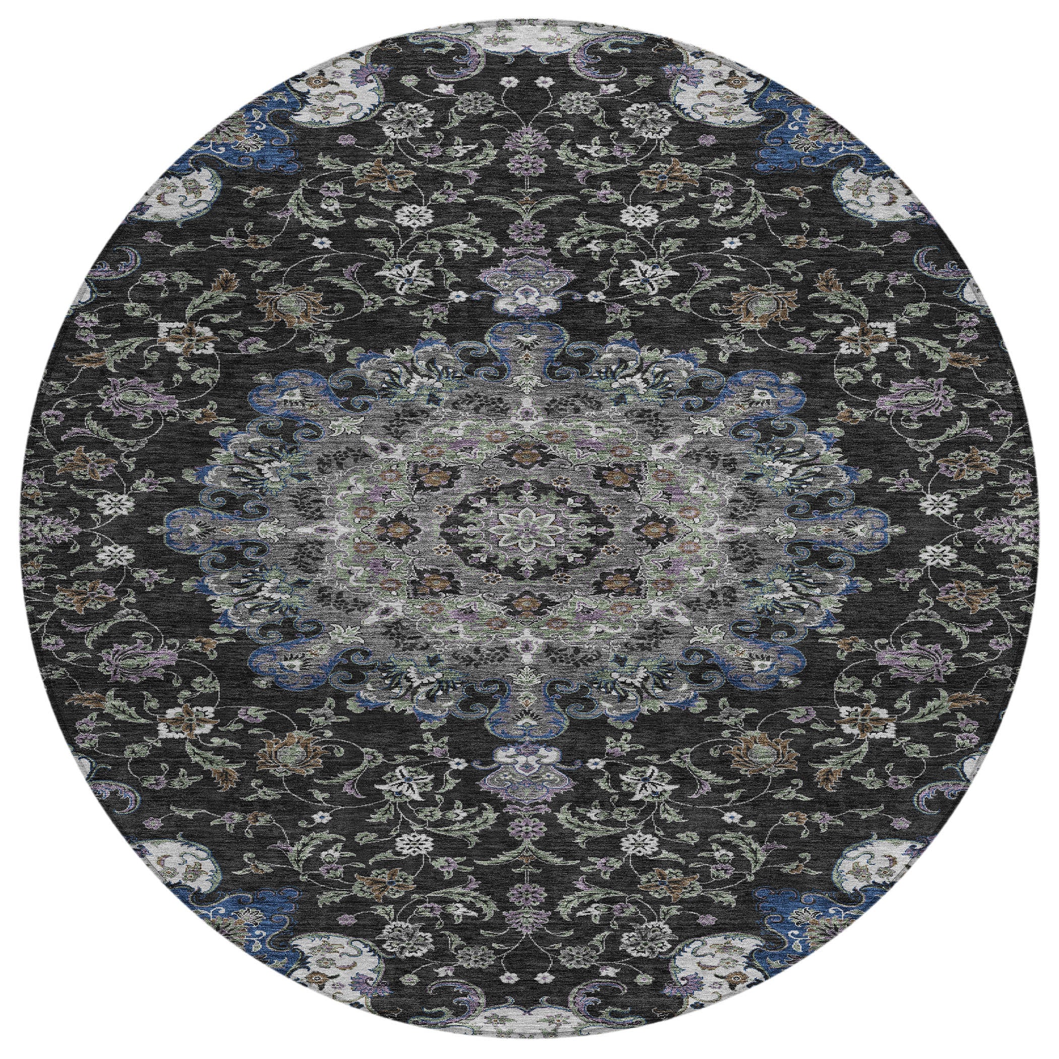 8' Black And Charcoal Round Floral Medallion Washable Indoor Outdoor Area Rug - Sports & Outdoor