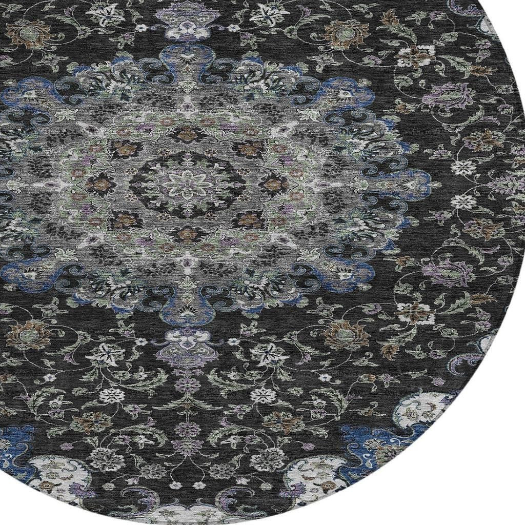 8' Black And Charcoal Round Floral Medallion Washable Indoor Outdoor Area Rug - Sports & Outdoor