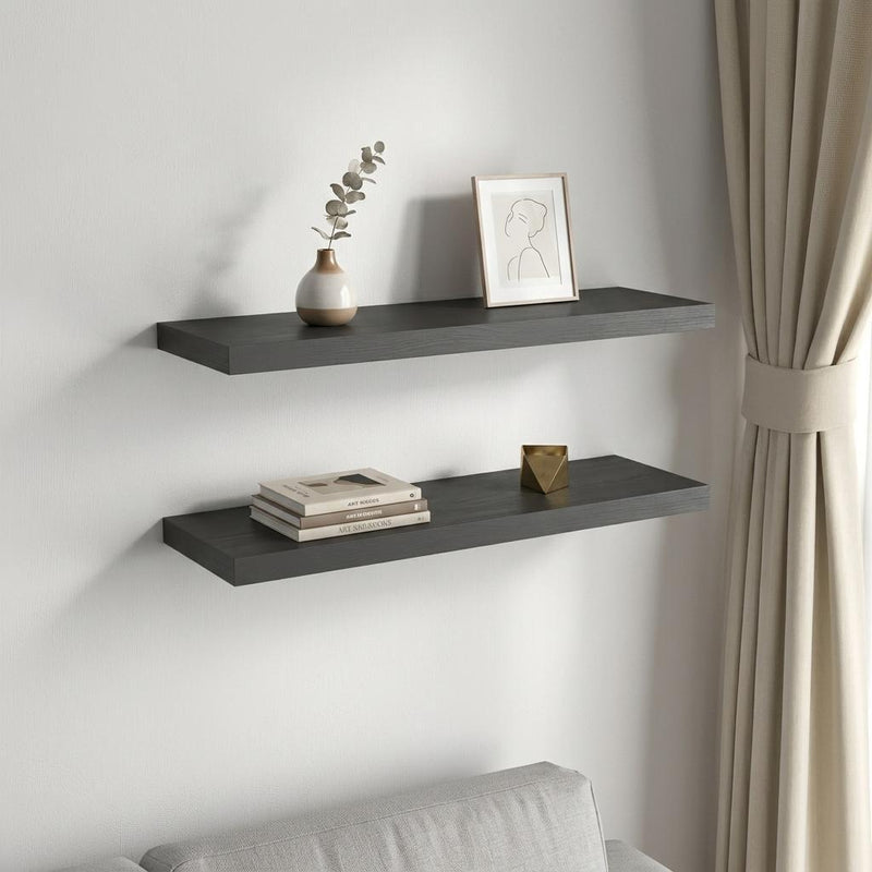 32" Set Of Two Dark Gray Wood Wall Mounted Floating Shelves - Office