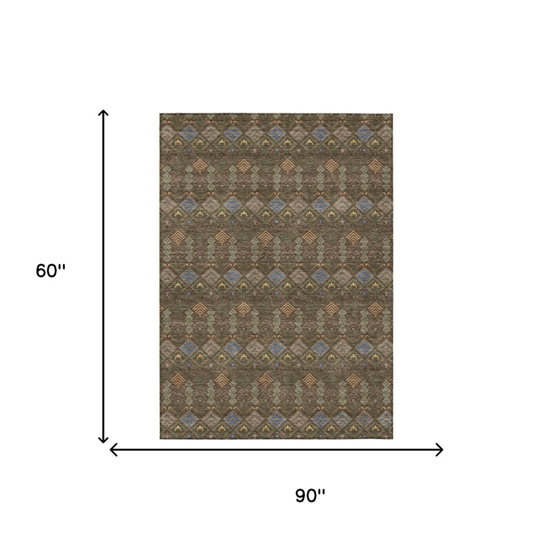 Chocolate-brown geometric area rug flat, 90 in wide and 60 in tall