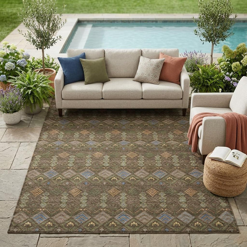Geometric area rug with dark brown base and multicolor diamond pattern