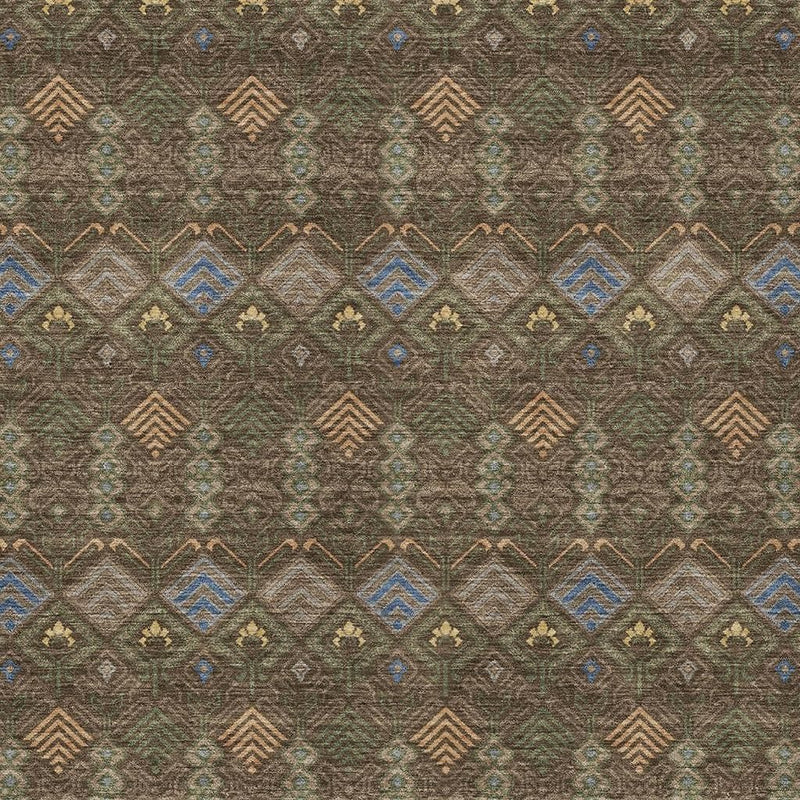 Close-up geometric rug pattern in dark brown with blue, teal, tan, and orange motifs