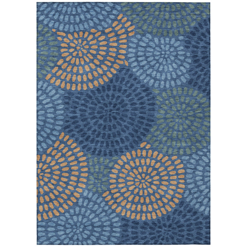 Geometric area rug with large circular motif flowers in navy blue and tan/orange