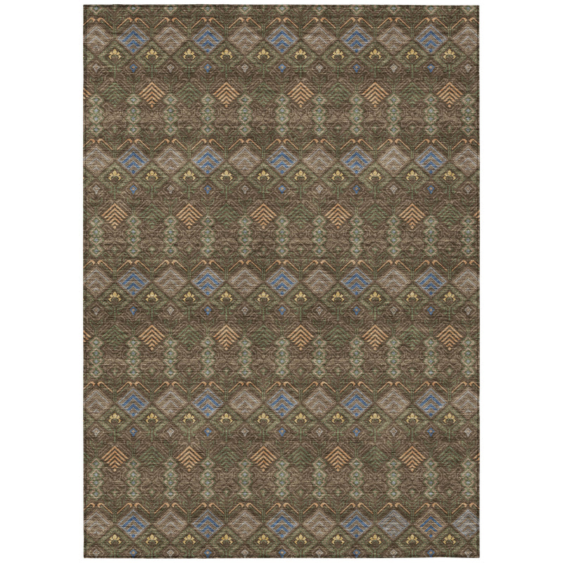 Indoor outdoor area rug with multicolor geometric diamond pattern on a brown base