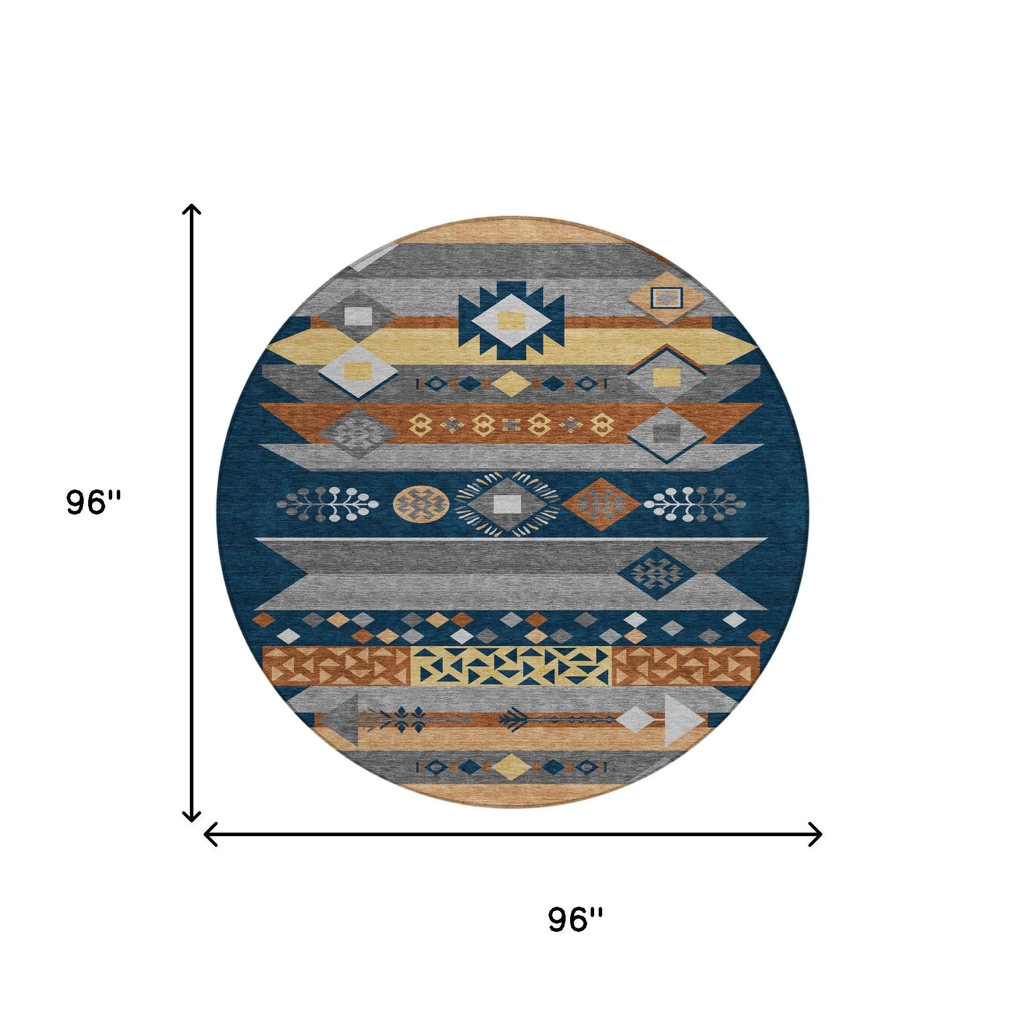8' Navy Blue And Orange Round Geometric Washable Indoor Outdoor Area Rug - Sports & Outdoor