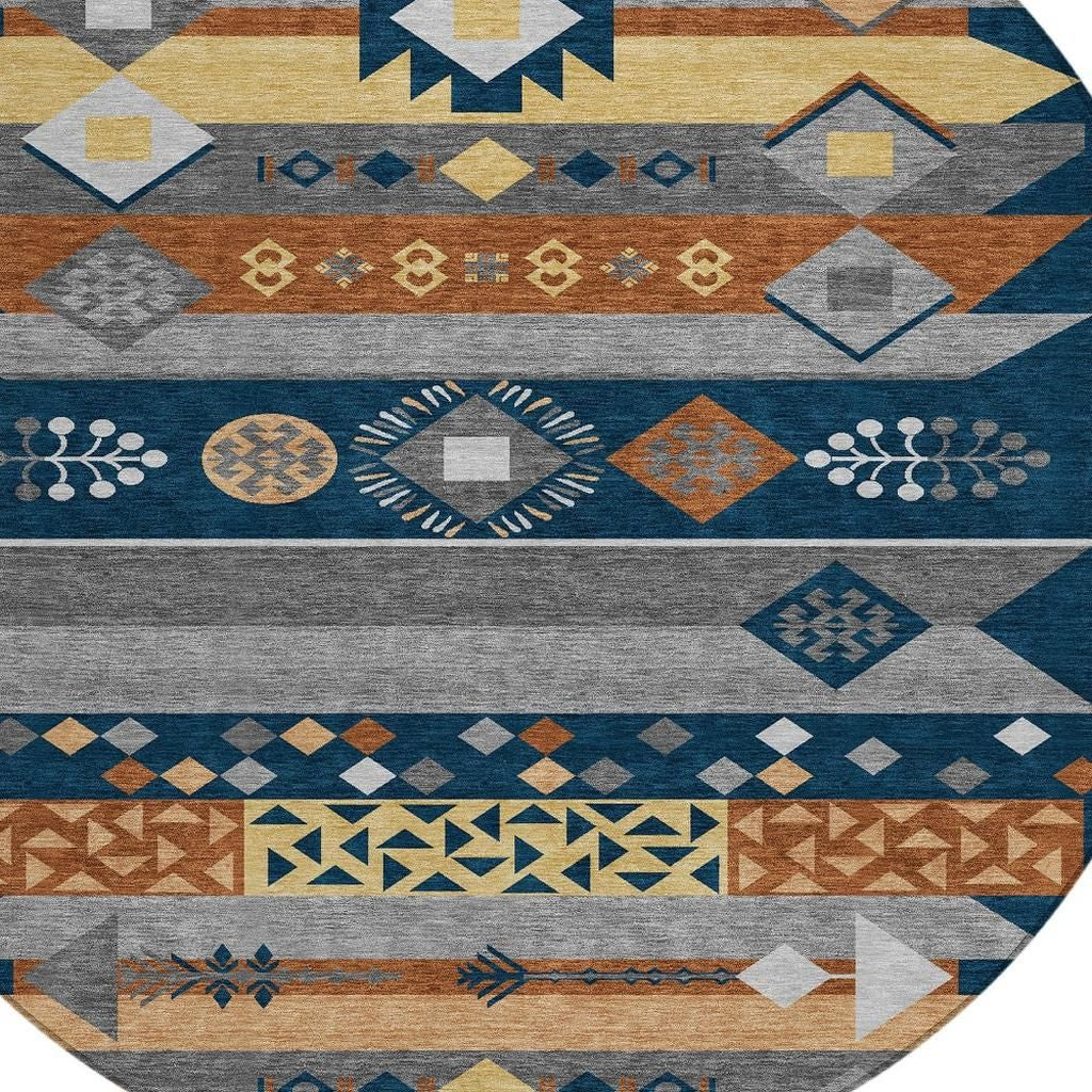 8' Navy Blue And Orange Round Geometric Washable Indoor Outdoor Area Rug - Sports & Outdoor