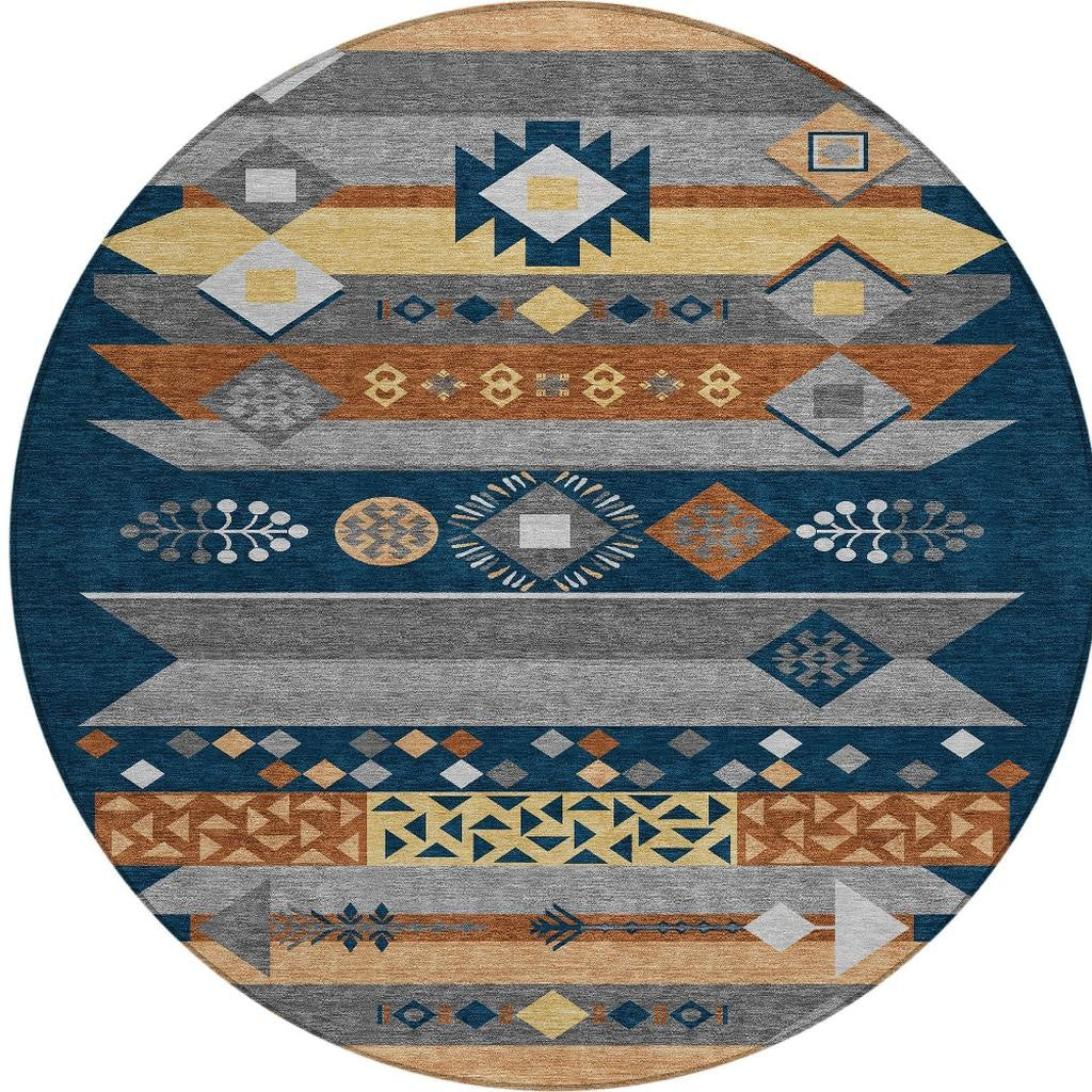 8' Navy Blue And Orange Round Geometric Washable Indoor Outdoor Area Rug - Sports & Outdoor