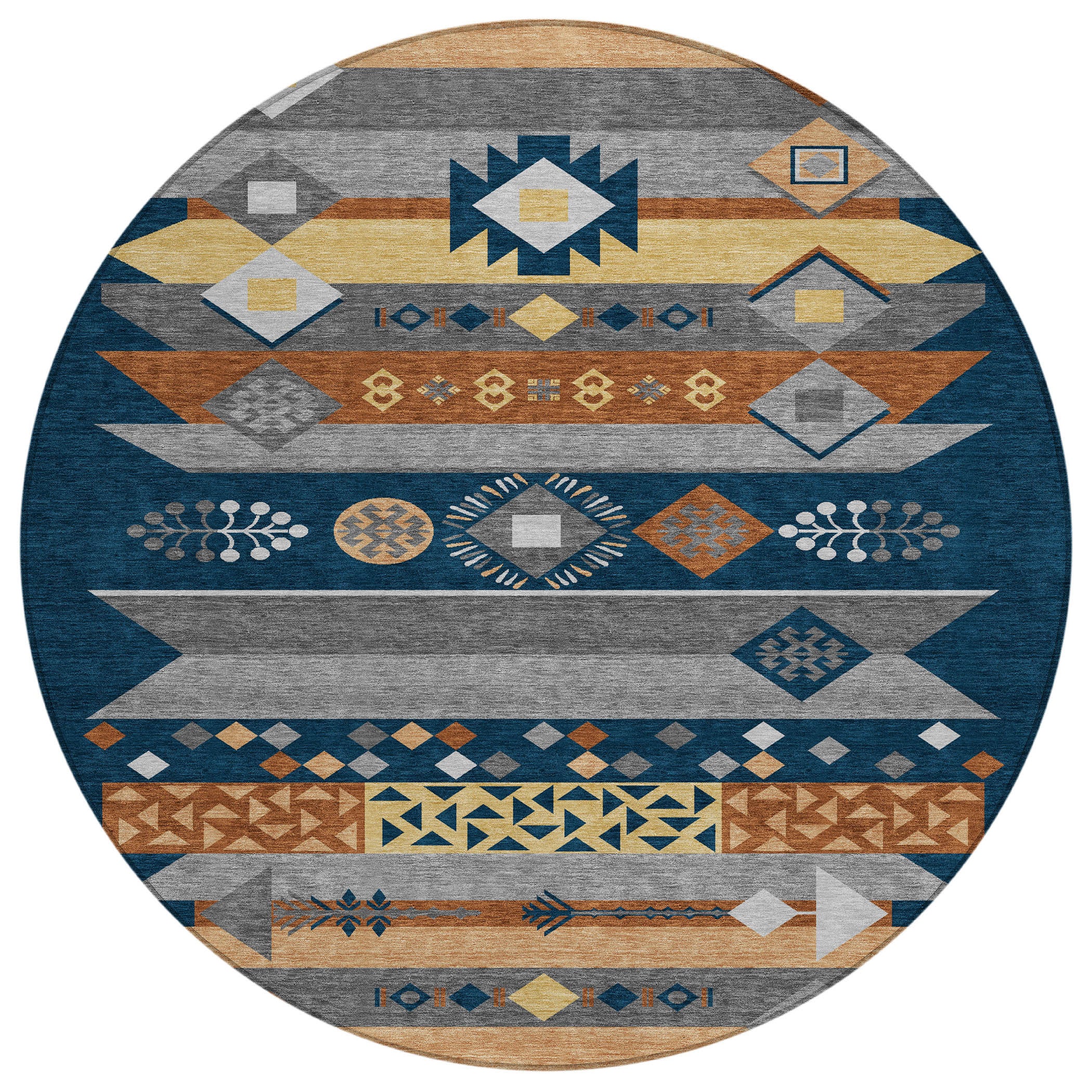 8' Navy Blue And Orange Round Geometric Washable Indoor Outdoor Area Rug - Sports & Outdoor