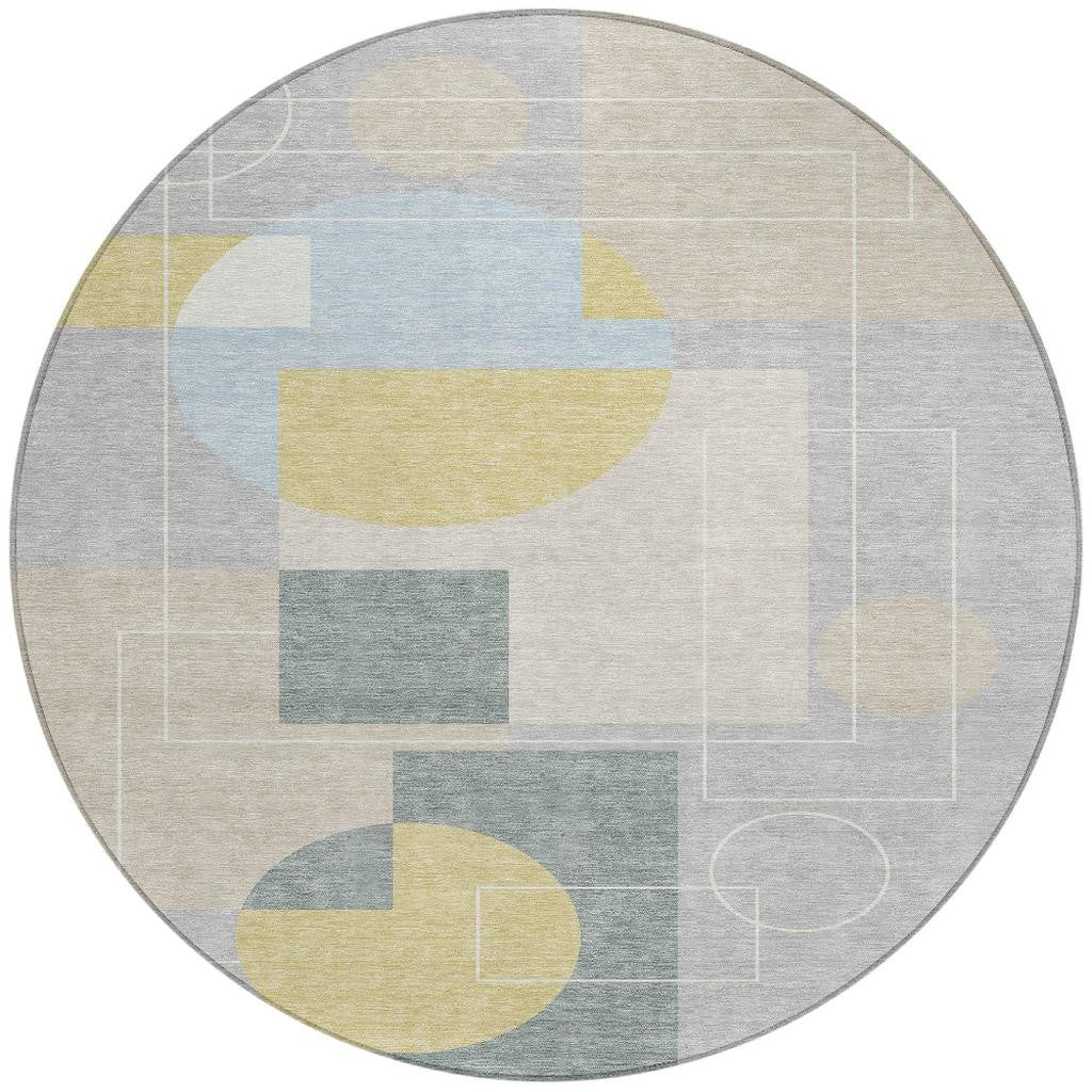 8' Silver And Sky Blue Round Geometric Washable Indoor Outdoor Area Rug - Sports & Outdoor