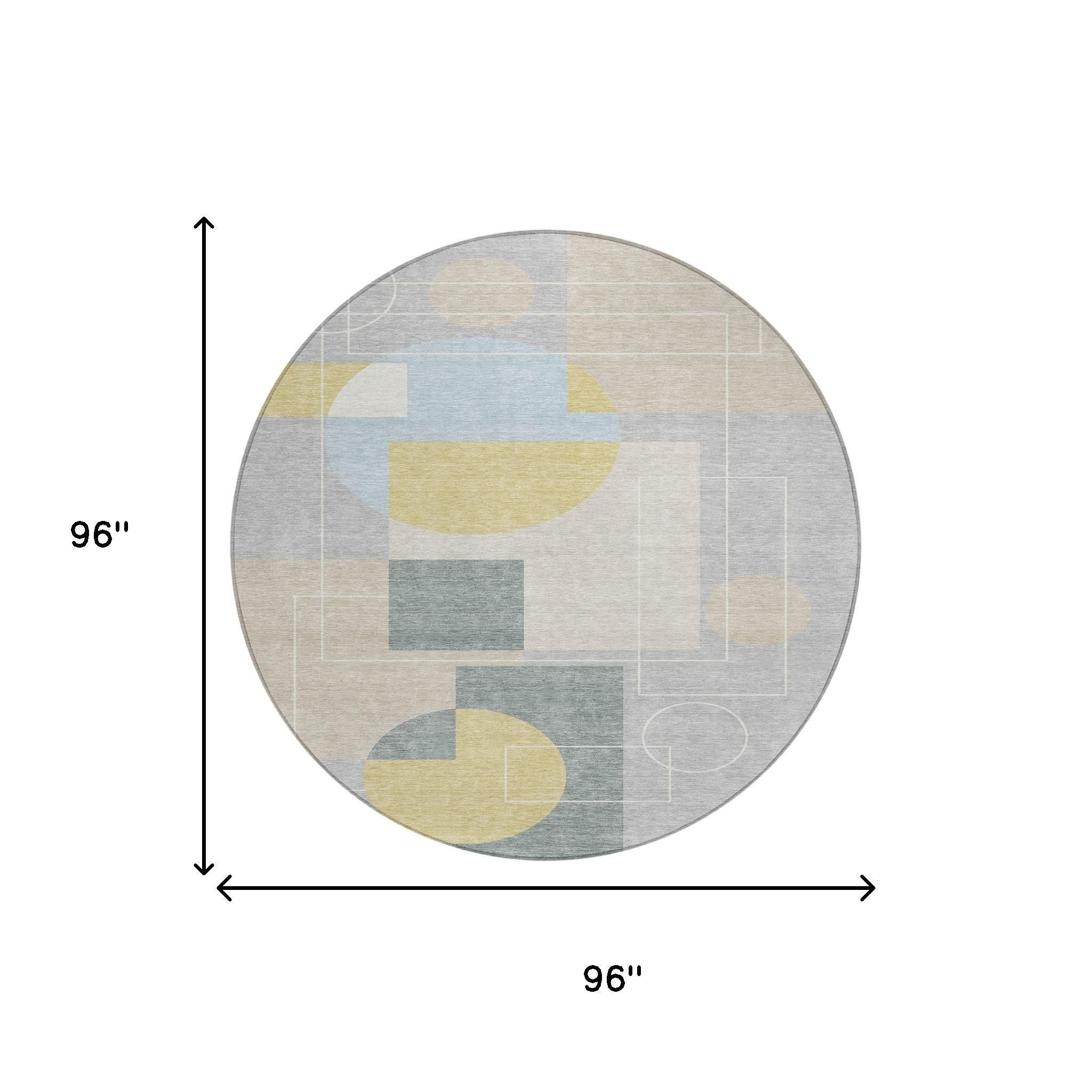 8' Silver And Sky Blue Round Geometric Washable Indoor Outdoor Area Rug - Sports & Outdoor