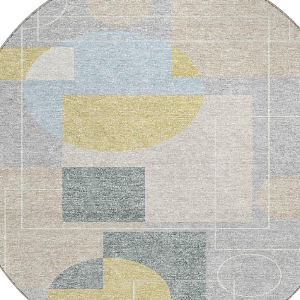 8' Silver And Sky Blue Round Geometric Washable Indoor Outdoor Area Rug - Sports & Outdoor