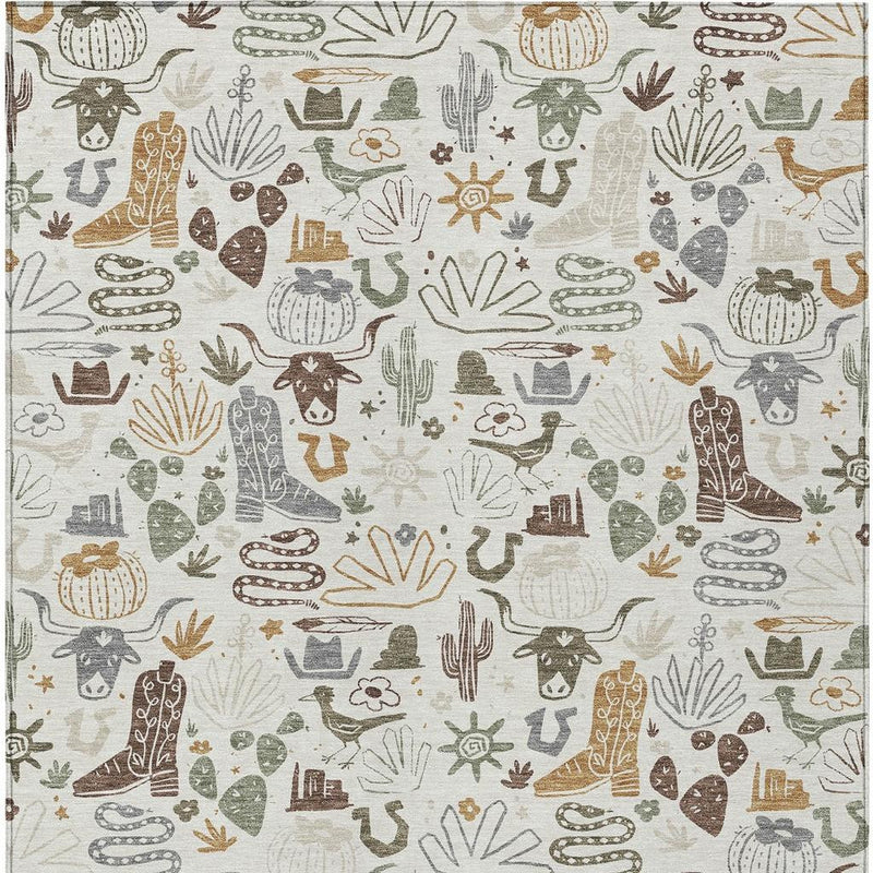 Ivory area rug with dense desert icons pattern in brown, green, and tan