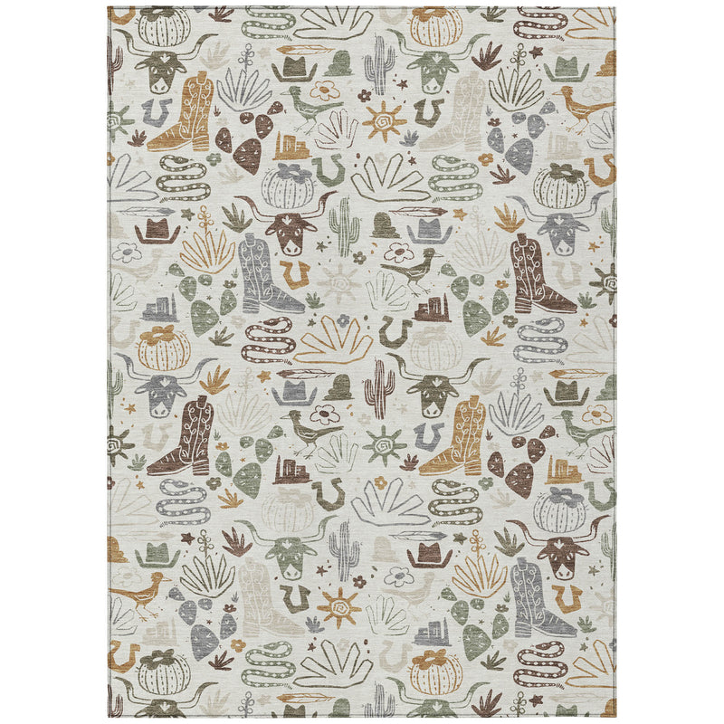 Full view of rectangular area rug with cactus and desert icons on light ivory