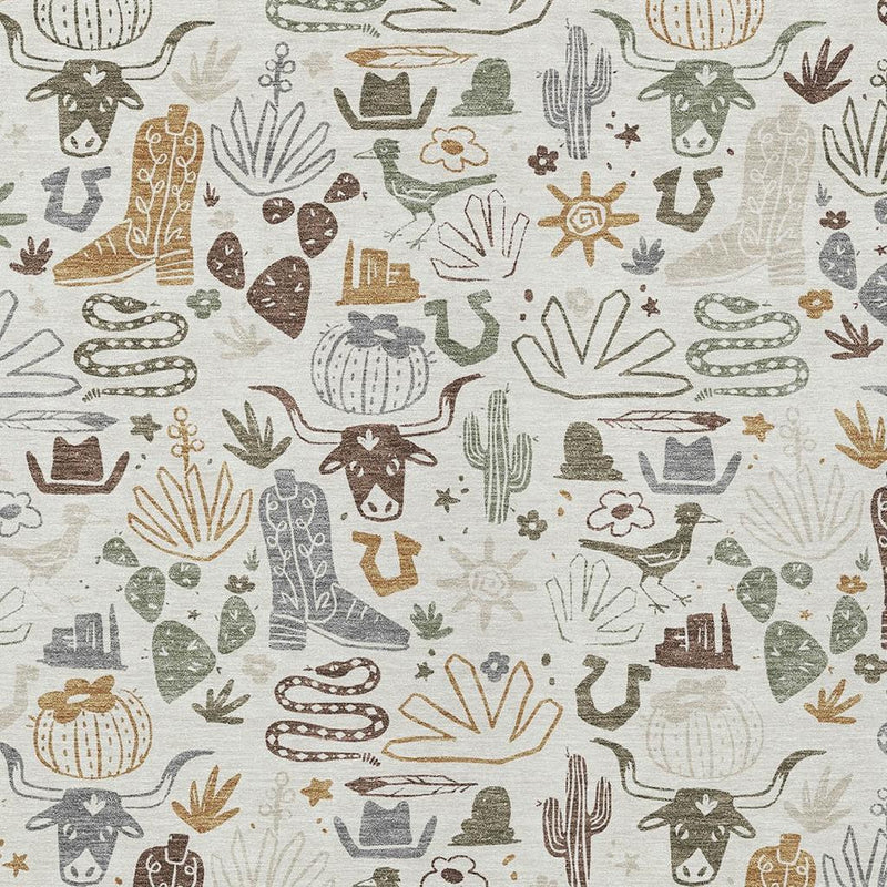 Ivory area rug with desert motif repeat pattern featuring cacti, animals, and plants