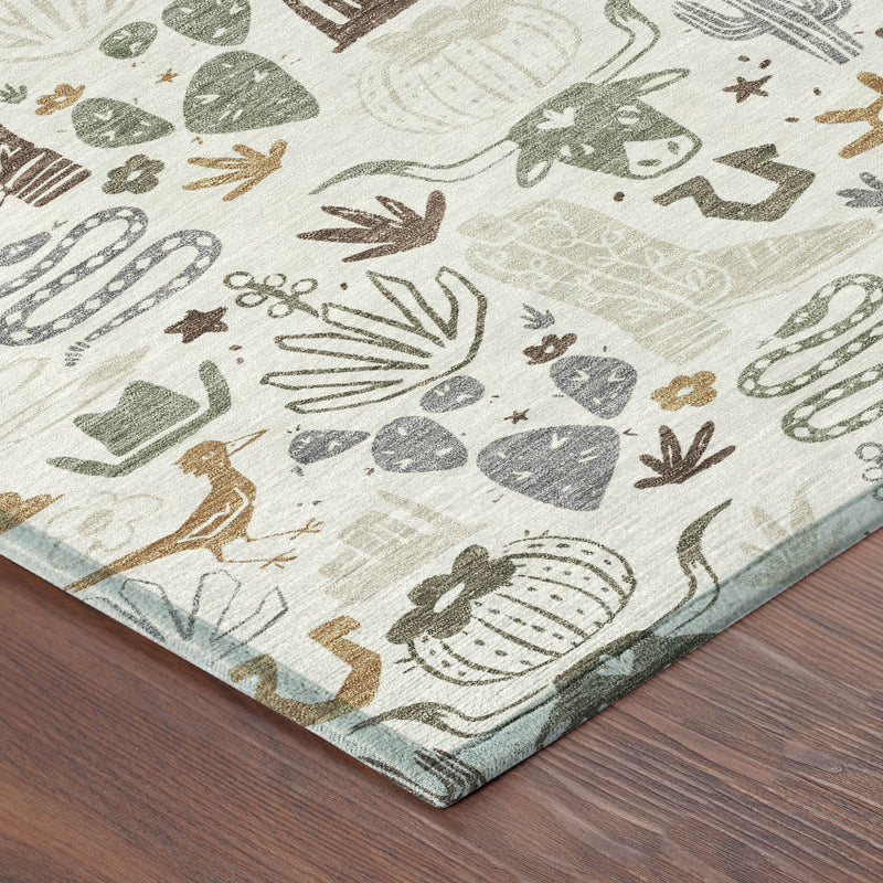 Close-up of cactus-themed area rug corner with border edge on ivory fabric
