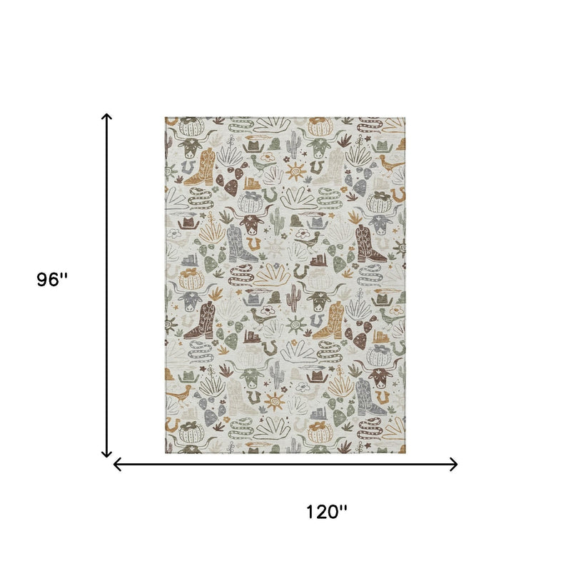 Rectangle rug with cactus and desert icons on ivory base; size marking 120" x 96"