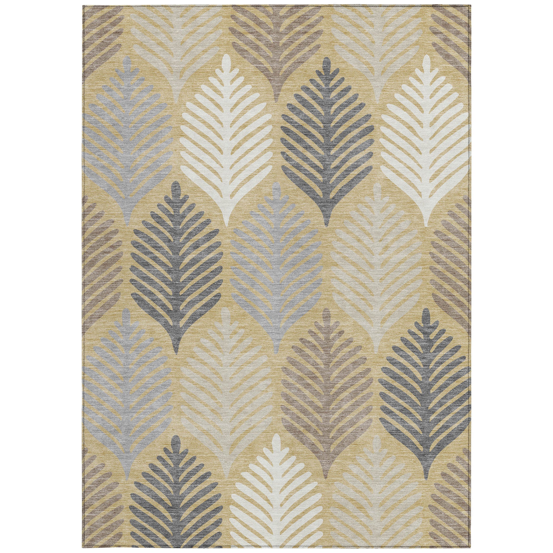 Rectangular ivory and gold area rug with layered leaf medallion pattern and border